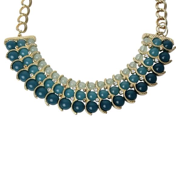 Talbots Beaded Bib Necklace Blue Green Clear Rhinestone Accents Gold Tone Chain - Picture 5 of 13